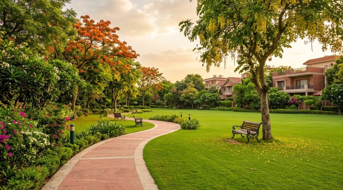 A large green park inside an upscale South Delhi residential colony