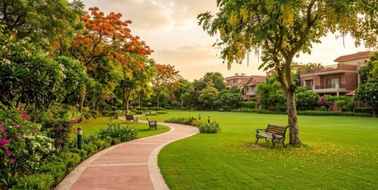 A large green park inside an upscale South Delhi residential colony