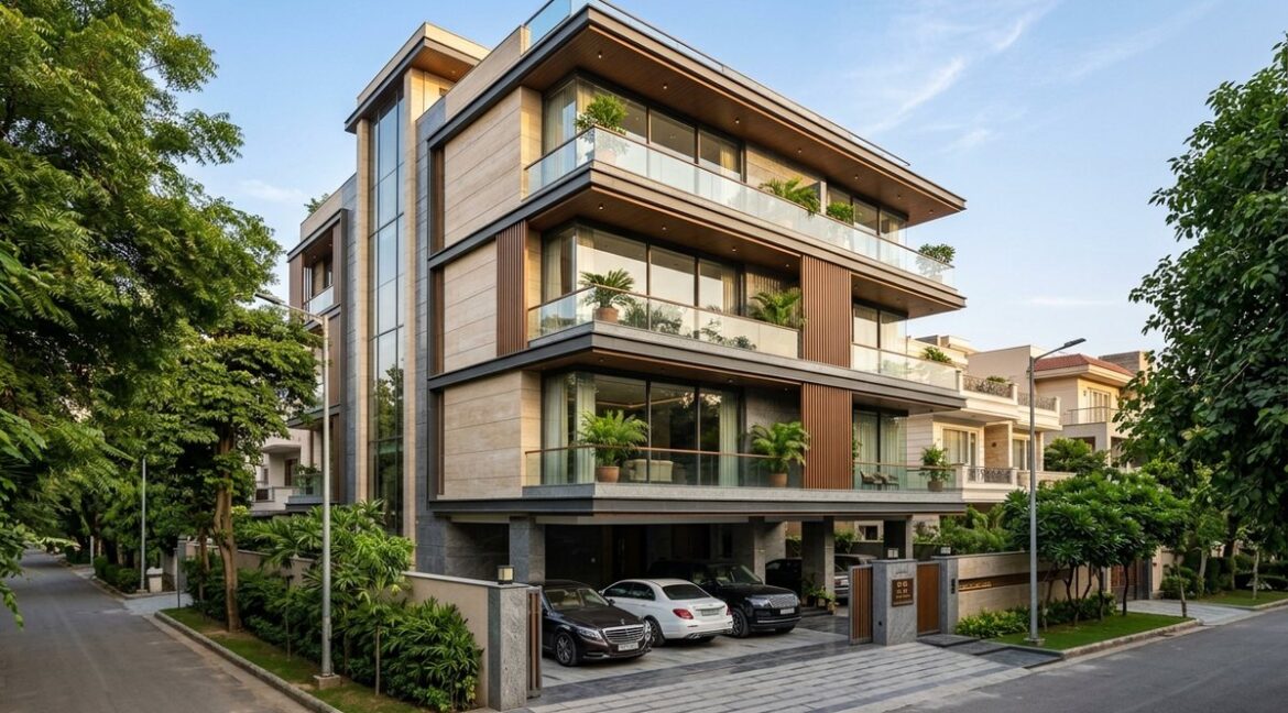 Modern luxury builder-floor facade in an upscale South Delhi colony