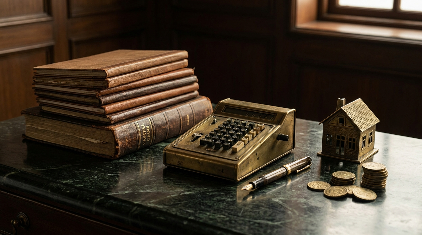 South Delhi property tax and capital gains FAQs &mdash; ledgers, brass calculator and house model on marble, answered by SouthDelhiFloors