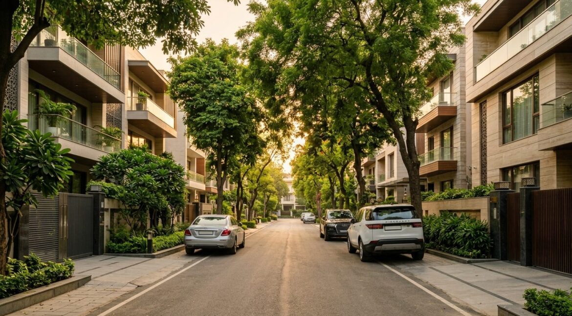 Property in South Extension Part II — luxury builder floors on a tree-lined street in South Delhi
