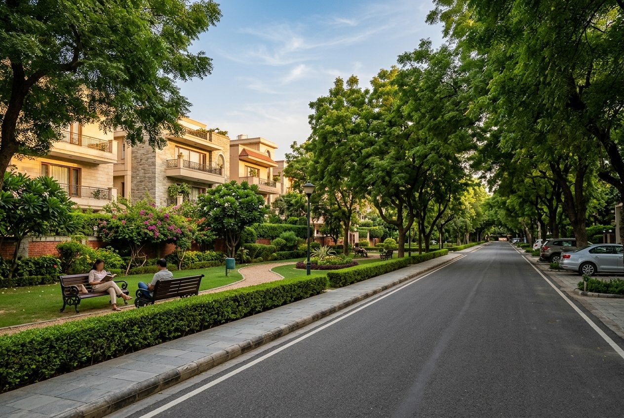 A tree-lined green avenue and park in the South Extension Part II colony, South Delhi