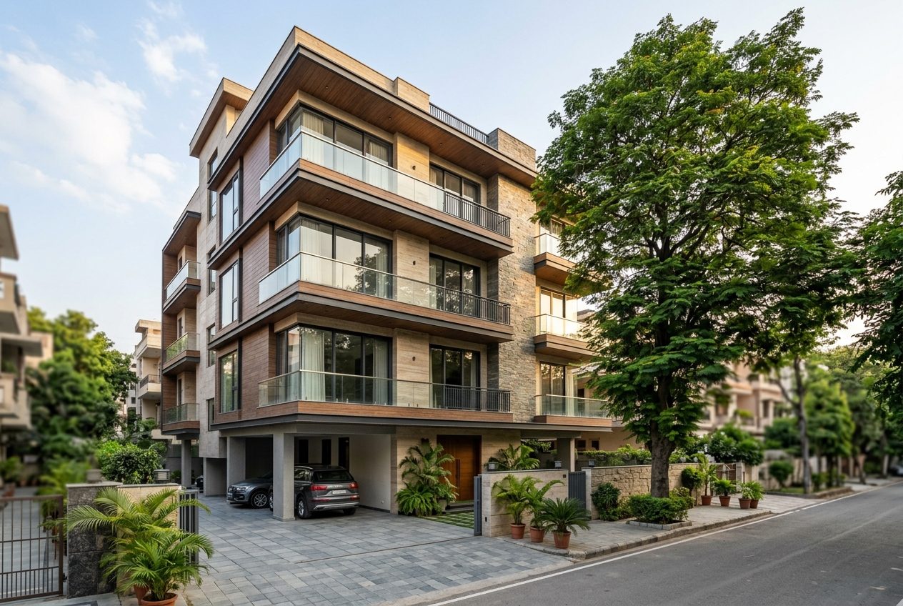 Modern luxury builder-floor facade in South Extension Part II, South Delhi