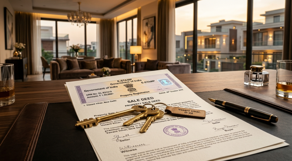 Delhi property sale deed with e-stamp certificate and house keys for stamp duty payment in 2026