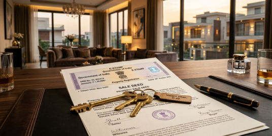 Delhi property sale deed with e-stamp certificate and house keys for stamp duty payment in 2026