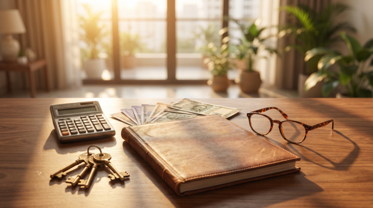 Tax on rental income in India &mdash; rent agreement, rupee notes, calculator and keys on a South Delhi landlord's desk