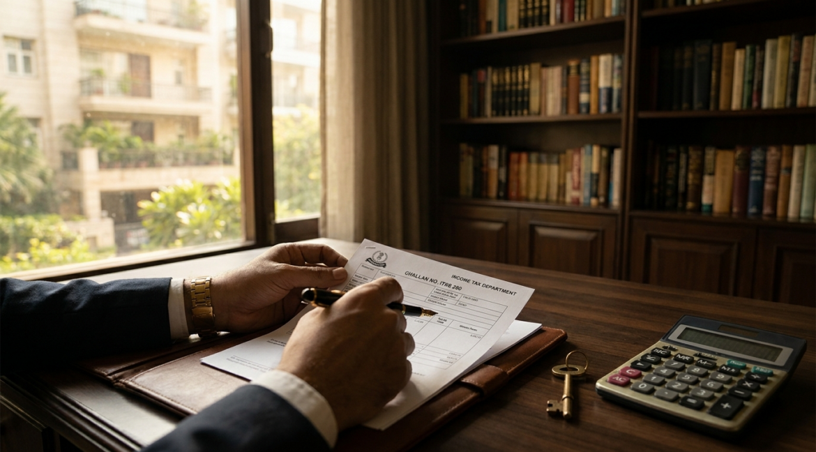 TDS on purchase of property in Delhi — a buyer completing the 1% tax deduction paperwork beside house keys