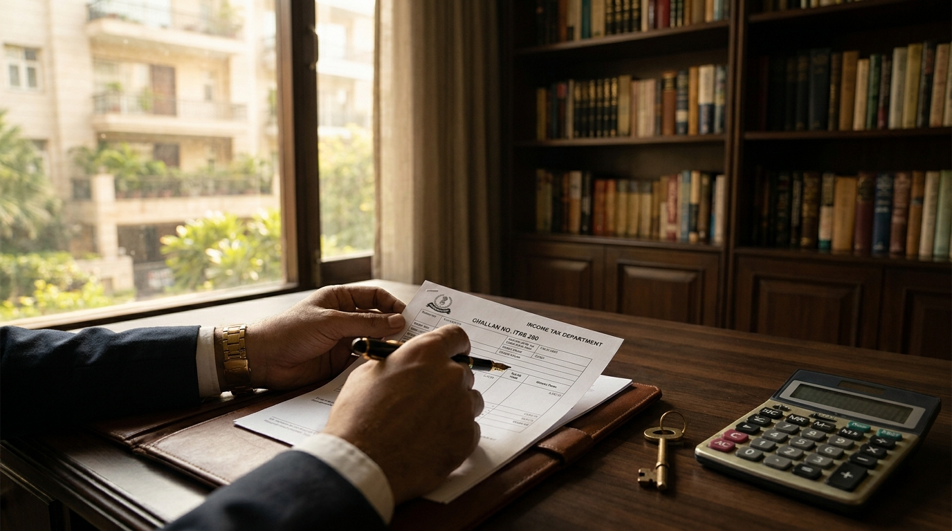 TDS on purchase of property in Delhi &mdash; a buyer completing the 1% tax deduction paperwork beside house keys