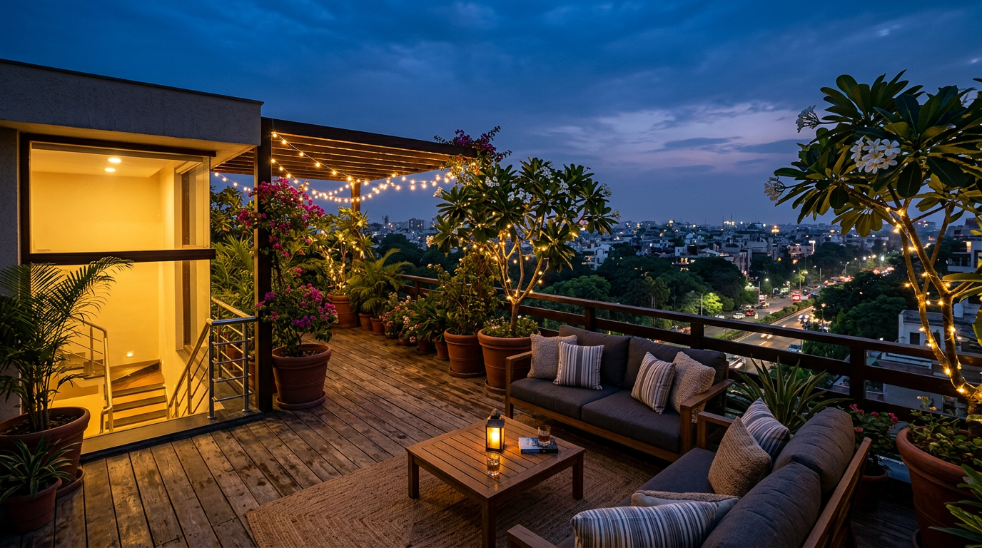 Terrace rights in a Delhi builder floor &mdash; a private rooftop terrace garden on a South Delhi top floor at dusk