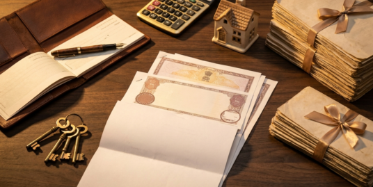 Total cost of buying property in Delhi — flat lay of cheque book, keys, stamp papers and calculator for a ₹10 crore deal