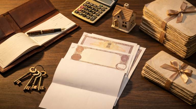 Total cost of buying property in Delhi &mdash; flat lay of cheque book, keys, stamp papers and calculator for a ₹10 crore deal
