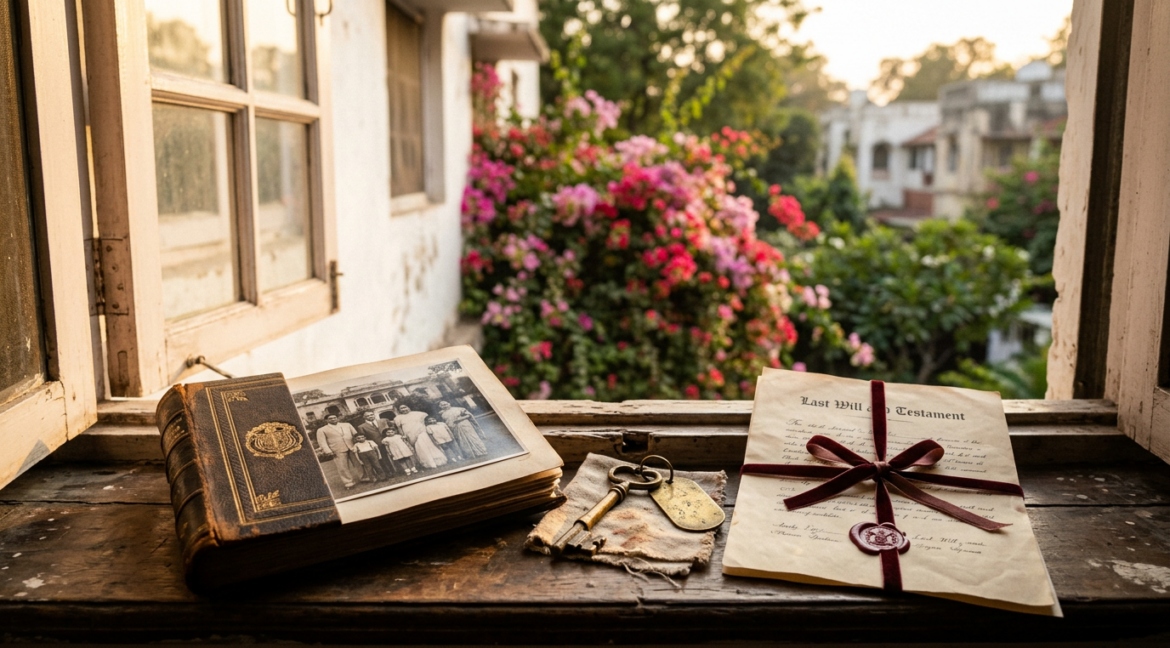 Transferring property after death in Delhi — a will, old family album and brass house key on the windowsill of an inherited Delhi home