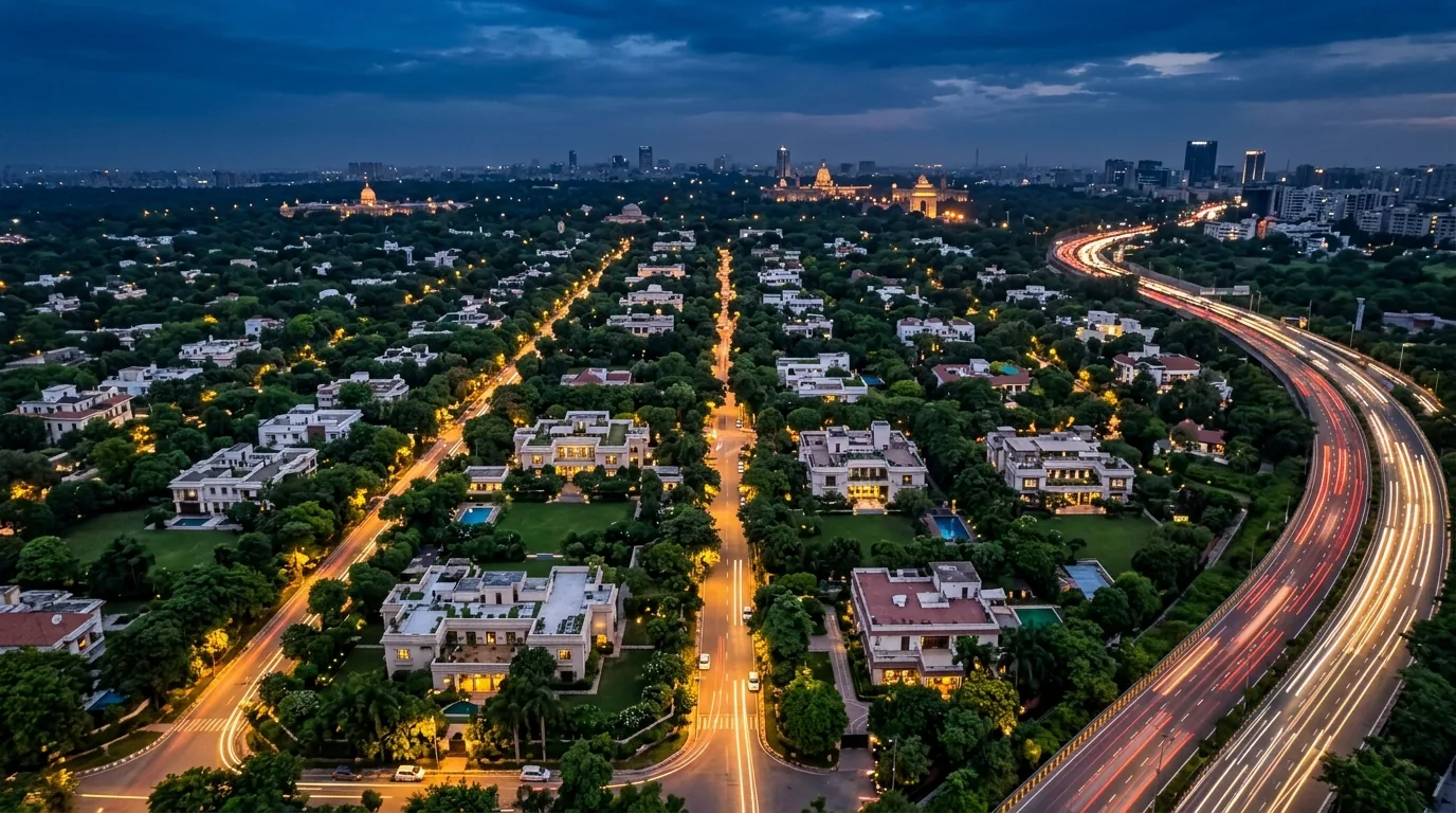 Aerial view of Vasant Vihar and the airport corridor in South West Delhi