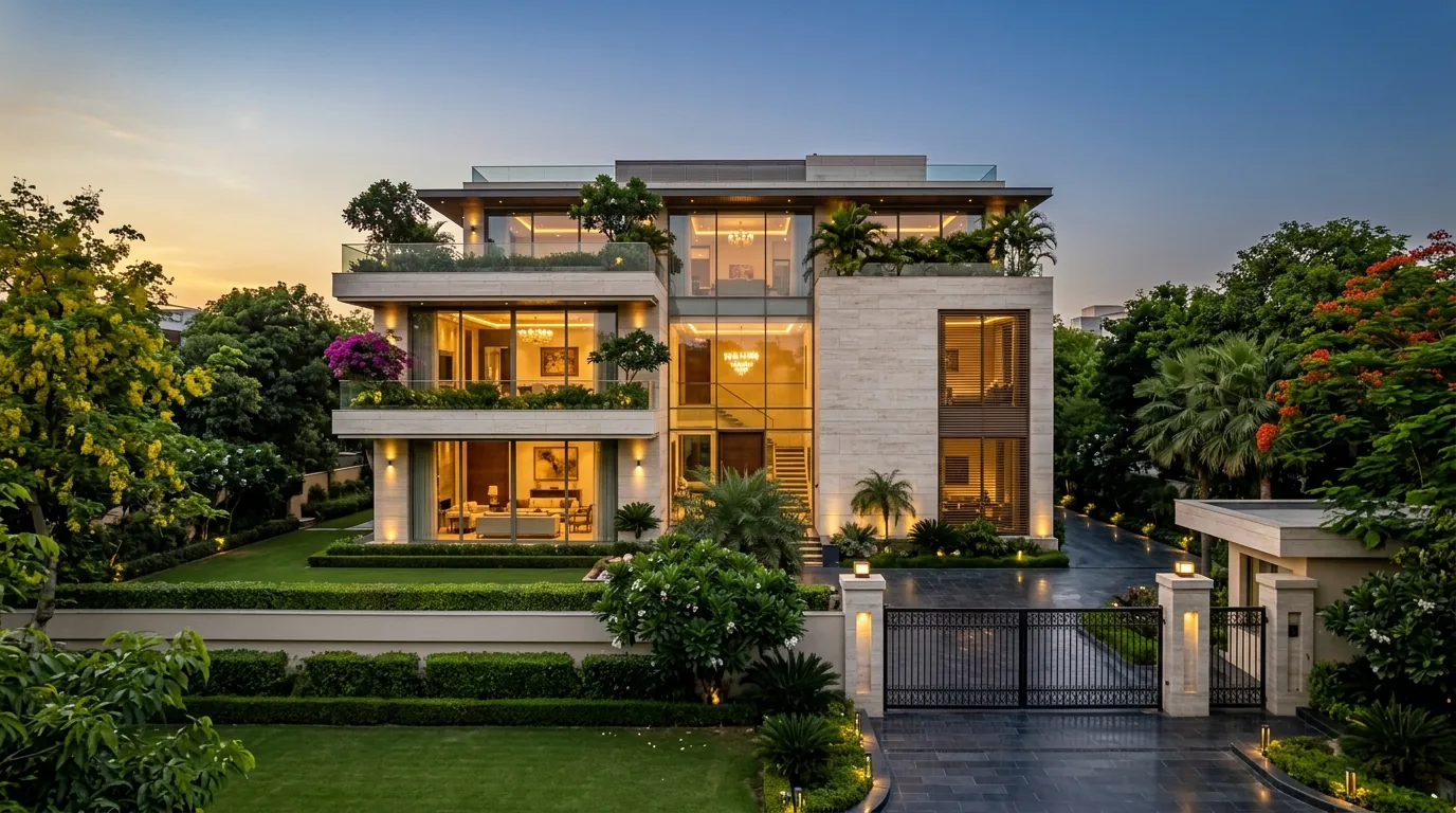 Luxury builder floor facade on a large plot, typical new property in Vasant Vihar