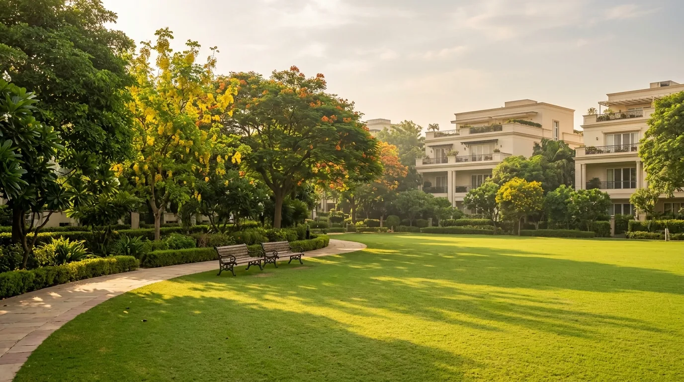 Block park in Vasant Vihar South Delhi surrounded by low-rise luxury homes