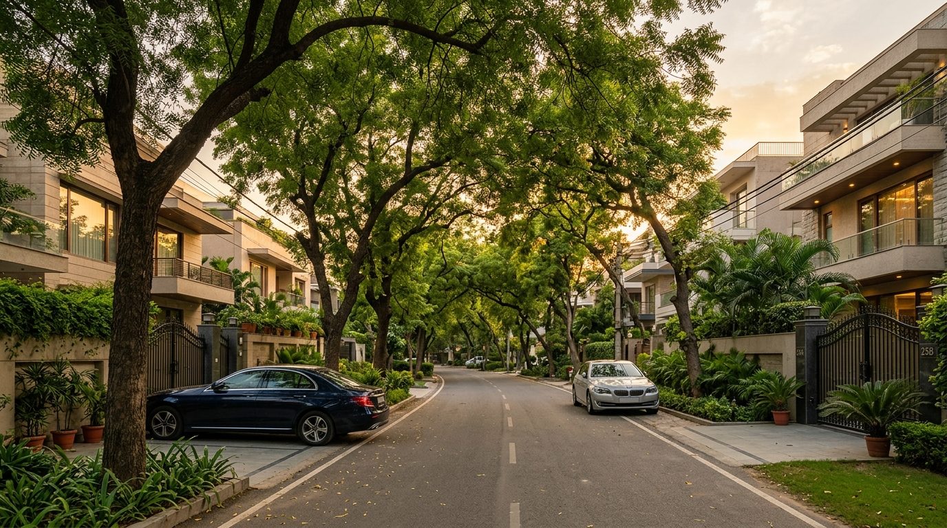Vasant Vihar tree-lined residential street in South Delhi popular with NRI buyers
