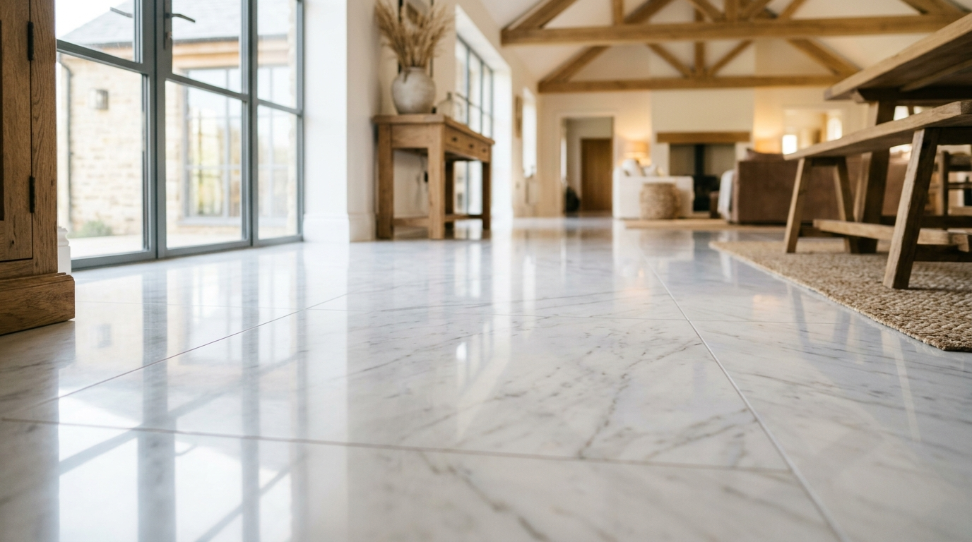 White European marble flooring in a luxury Chattarpur farmhouse