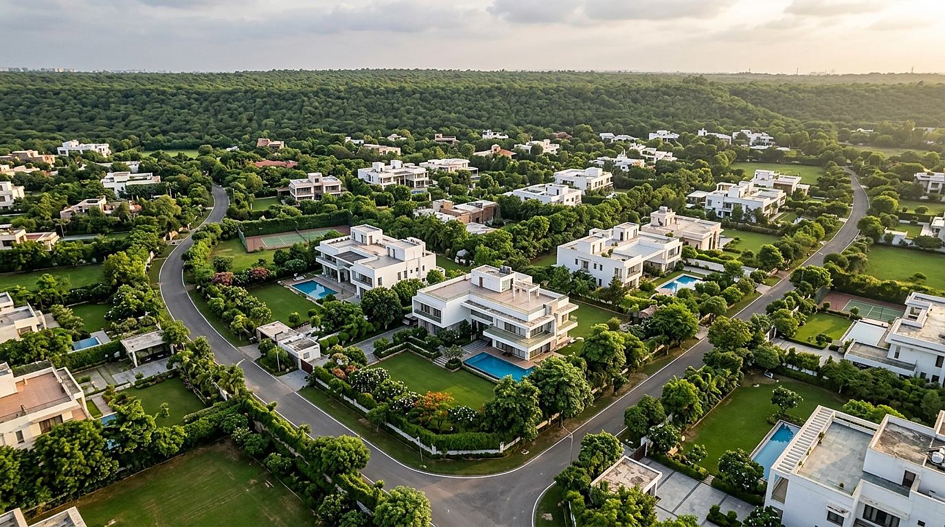 Chattarpur farmhouse belt aerial &mdash; the Green Development Area villages covered by Delhi Master Plan 2047