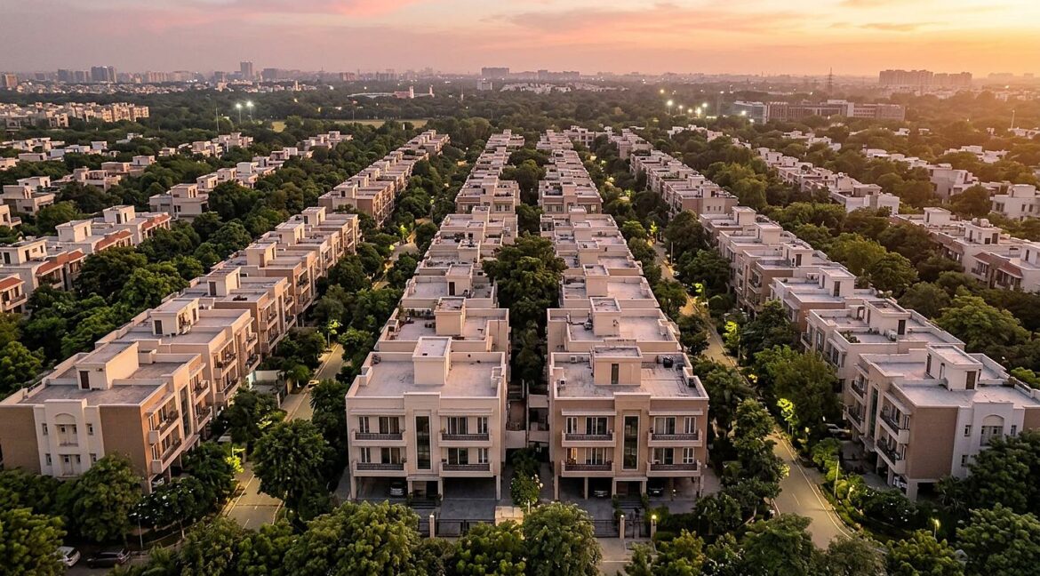 Delhi Master Plan 2047 — aerial view of South Delhi's leafy builder floor colonies at golden dusk