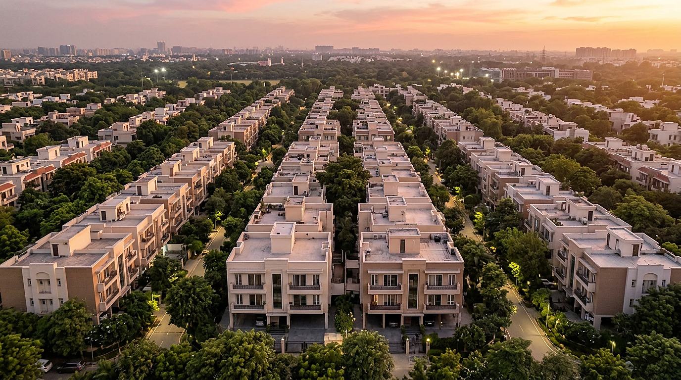 Delhi Master Plan 2047 &mdash; aerial view of South Delhi's leafy builder floor colonies at golden dusk