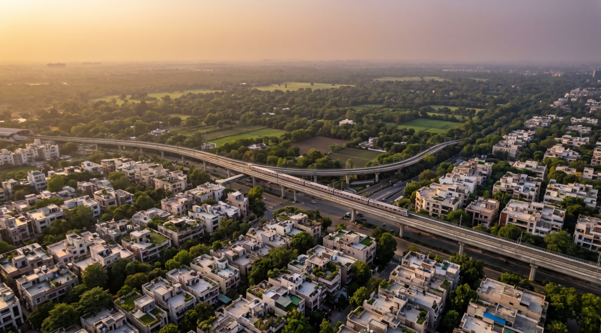 MPD 2047 highlights — aerial view of Delhi at golden dusk with South Delhi colonies, a metro corridor and the farmhouse belt