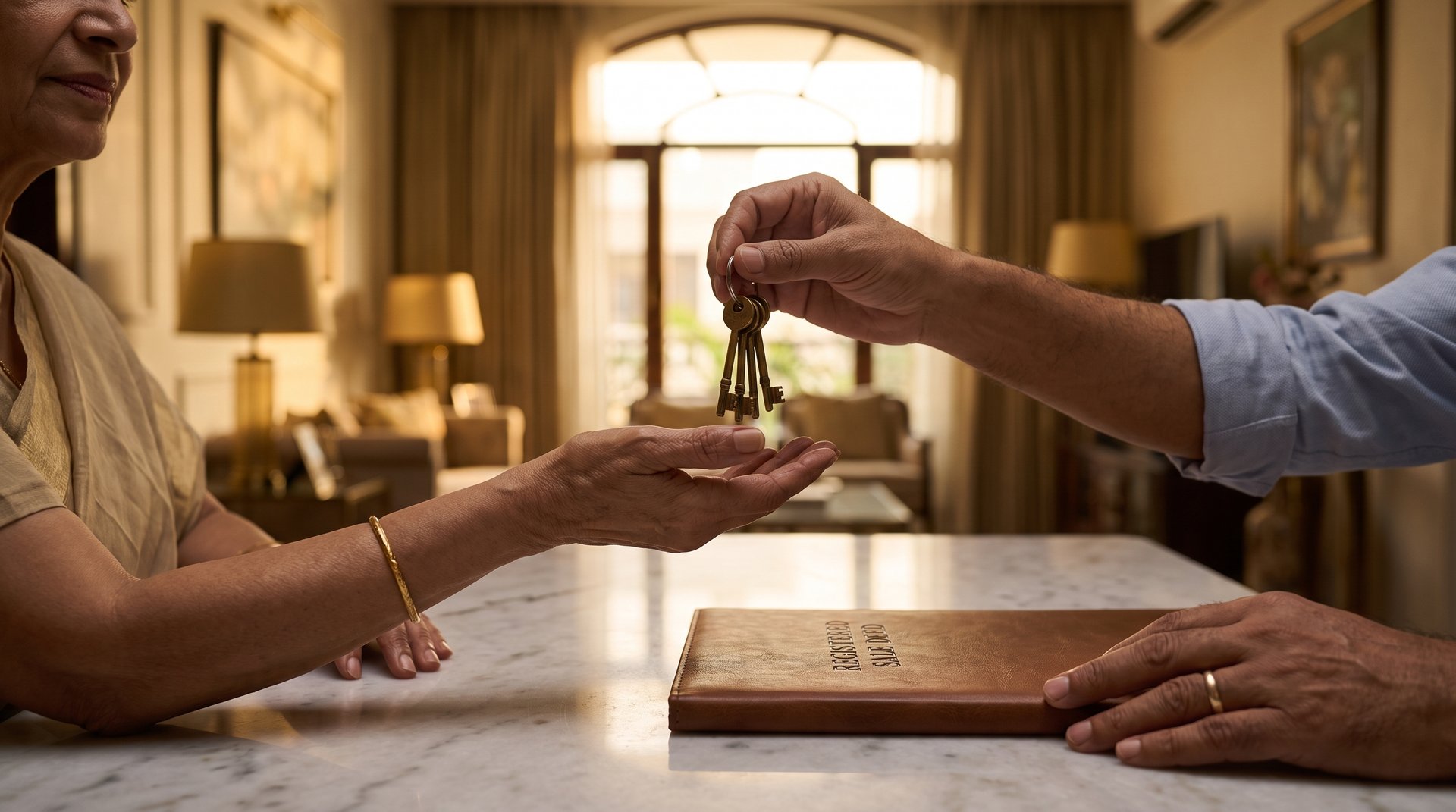 Buying property in wife's name &mdash; house keys and a registered sale deed handed to a woman buyer in a South Delhi builder floor