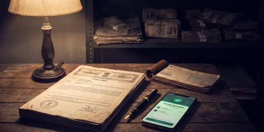 Cash payment for property purchase — a Delhi registration table with a cheque book, e-stamped deed and bank transfer on a phone, cash bundles fading in the background