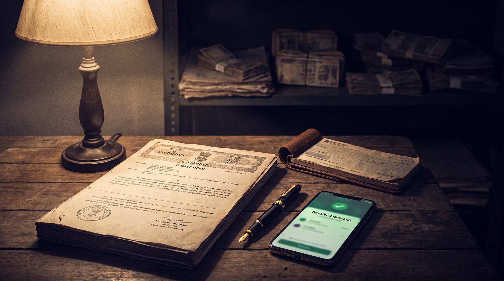 Cash payment for property purchase &mdash; a Delhi registration table with a cheque book, e-stamped deed and bank transfer on a phone, cash bundles fading in the background