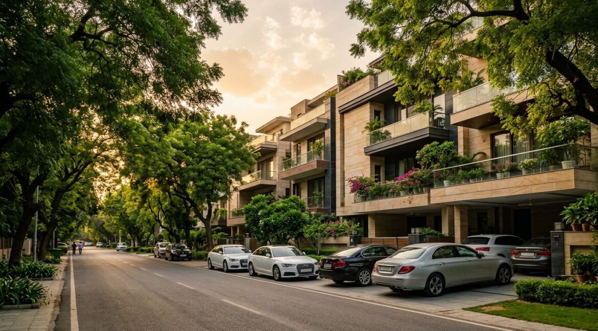 Property in Greater Kailash 2 – luxury builder floors on a tree-lined street in GK-2, South Delhi