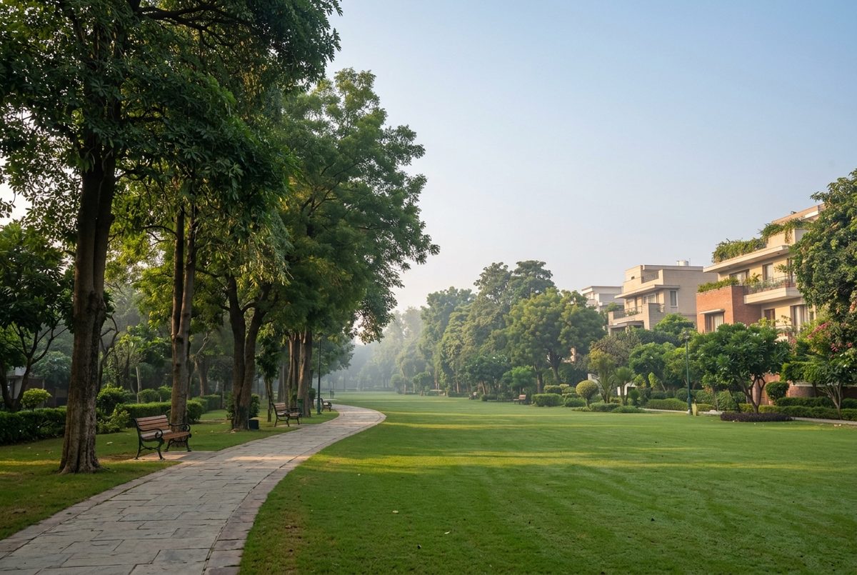 Green lawns and tree-lined walking track of the district park in Greater Kailash 2, South Delhi
