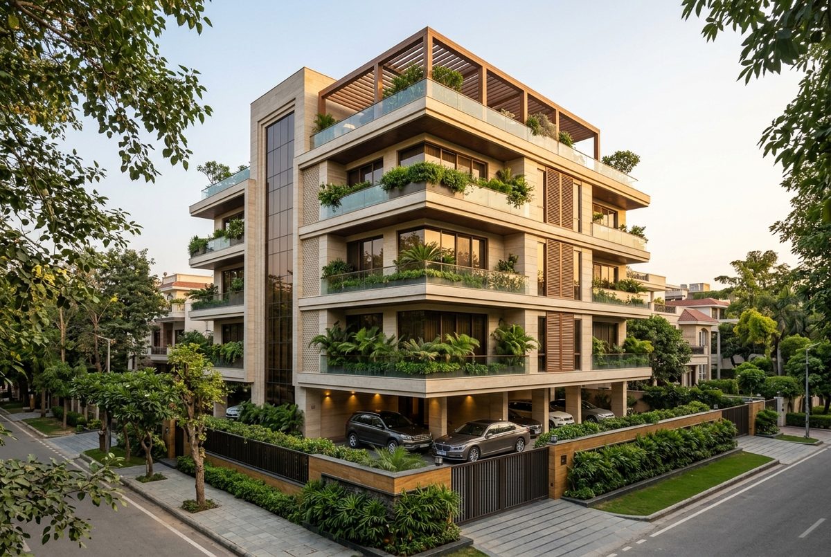 New stilt-plus-four luxury builder floor facade in Greater Kailash 2, South Delhi