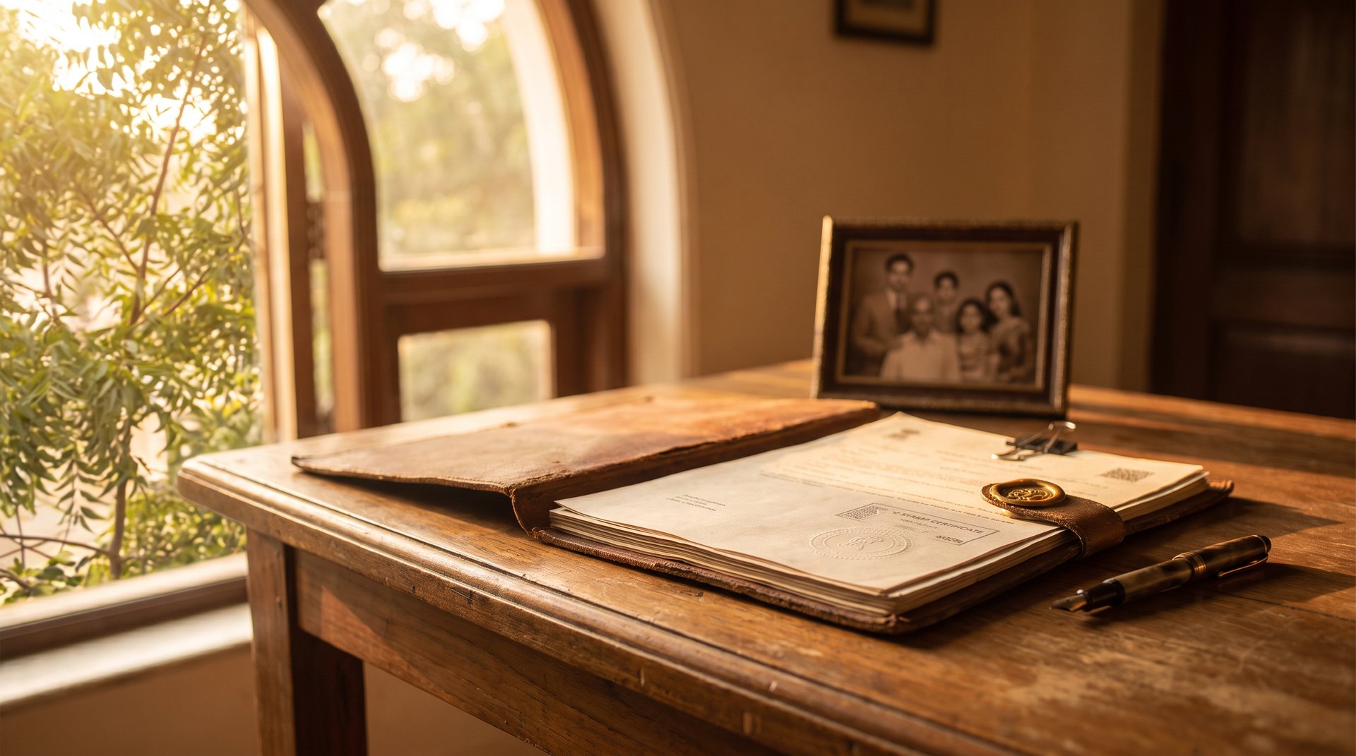 Relinquishment deed in Delhi &mdash; a registered release deed with an e-stamp certificate on a teak desk in an old Greater Kailash family home
