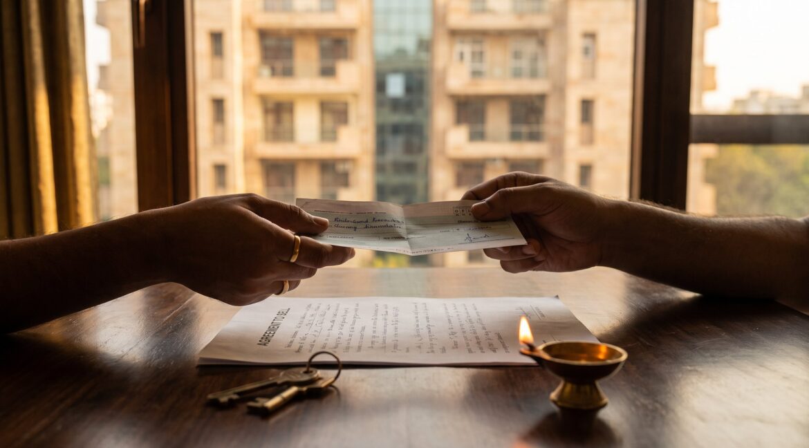 Token money in a property deal — a cheque handed across an agreement to sell with house keys beside it, a South Delhi builder floor in the evening light outside