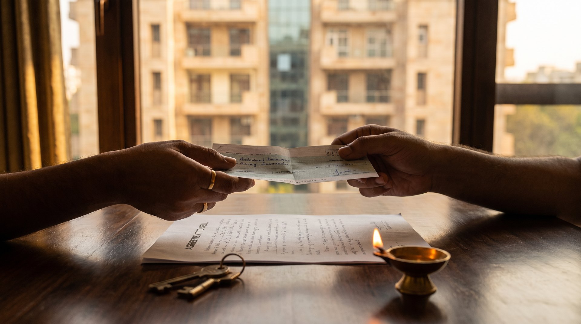 Token money in a property deal &mdash; a cheque handed across an agreement to sell with house keys beside it, a South Delhi builder floor in the evening light outside