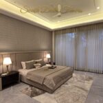 Furnished master bedroom of the 3 BHK in Vasant Vihar, A Block, with an upholstered headboard and marble floor