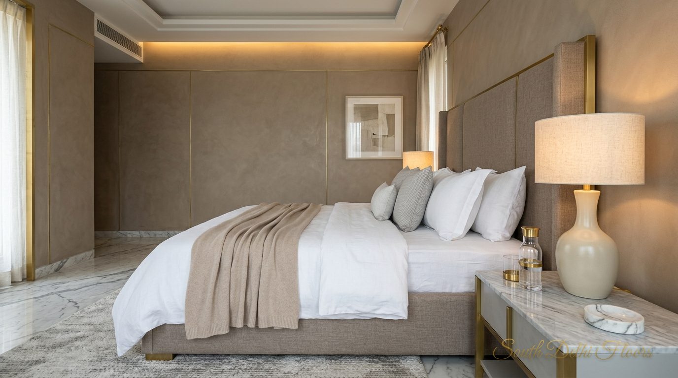 Master bedroom with an upholstered headboard and marble side table in the 3 BHK in Vasant Vihar