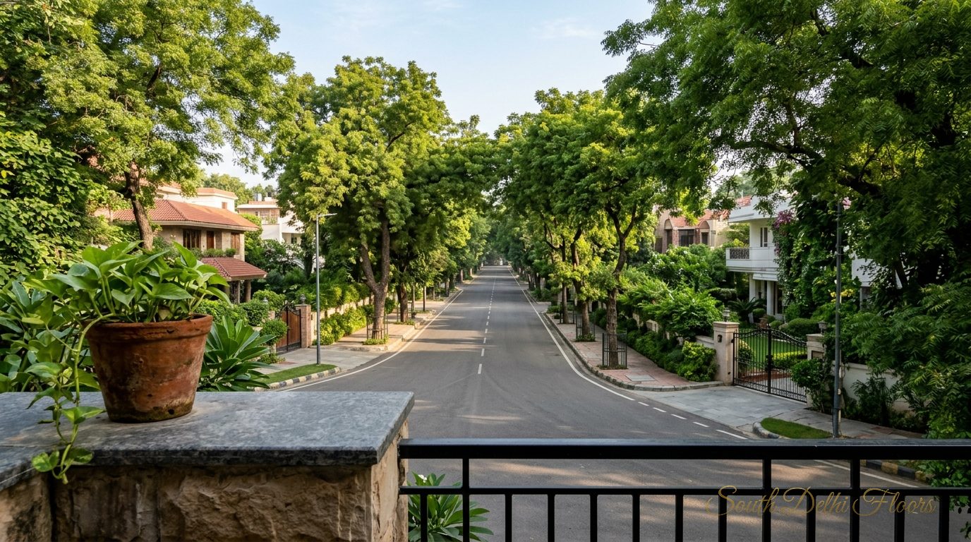 Second-floor balcony of the 3 BHK in Vasant Vihar looking down a wide, peaceful tree-lined road in A Block