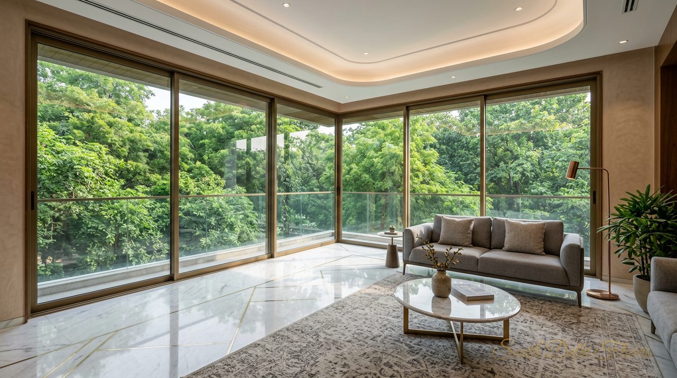 Corner living room with floor-to-ceiling glazing on two sides and Italian marble in the 4 BHK in Panchsheel Park