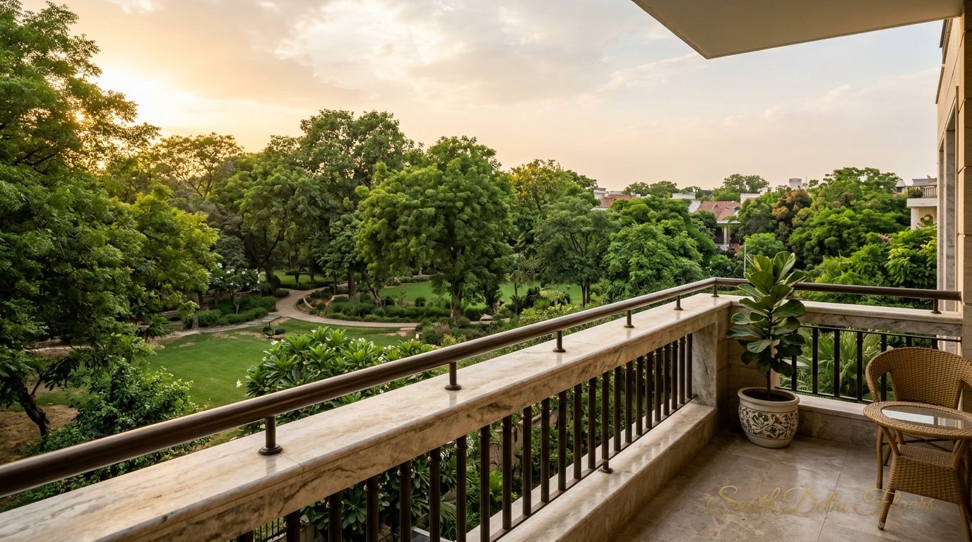 Park view from the second-floor balcony of the 4 BHK in Vasant Vihar, A Block