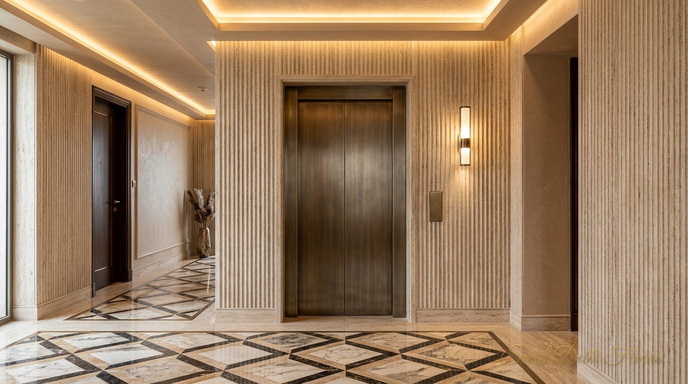 Private lift door in bronze at the end of the marble corridor of the 4 BHK in Vasant Vihar