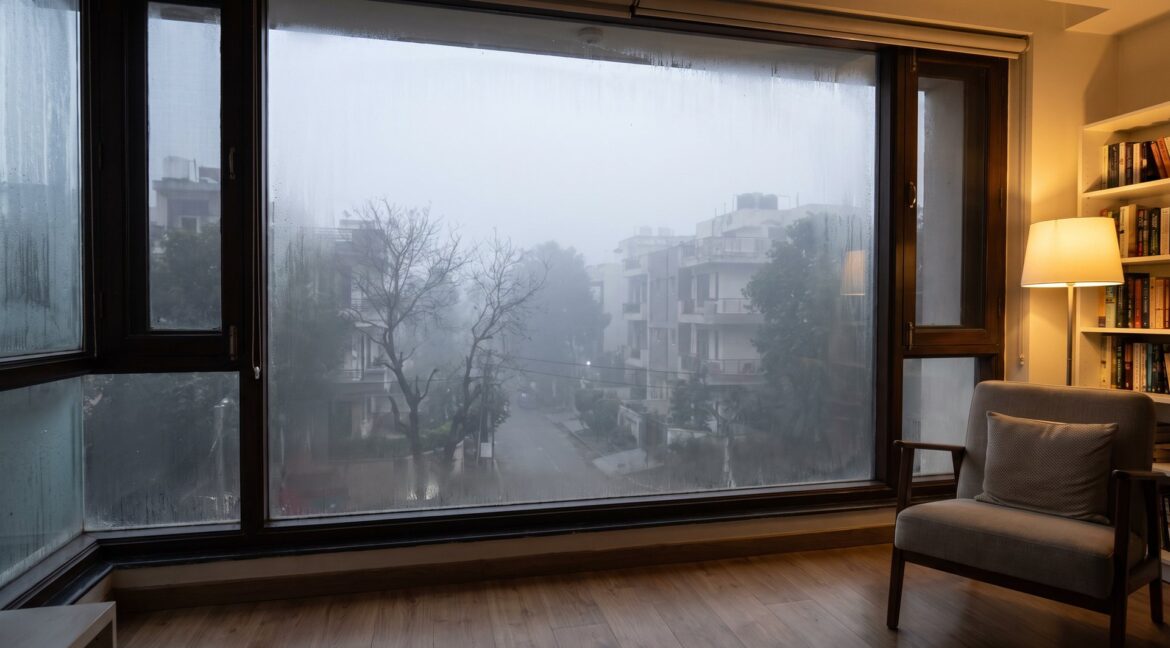 View from inside a South Delhi home through a sealed window at a hazy winter morning outside