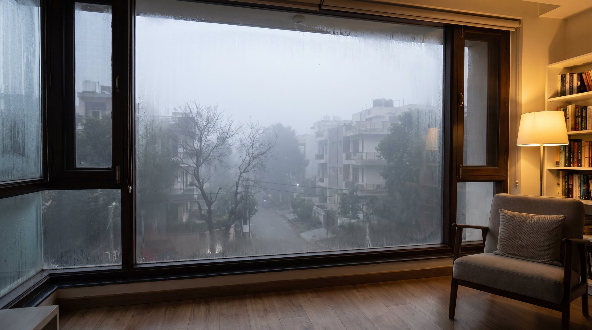 View from inside a South Delhi home through a sealed window at a hazy winter morning outside