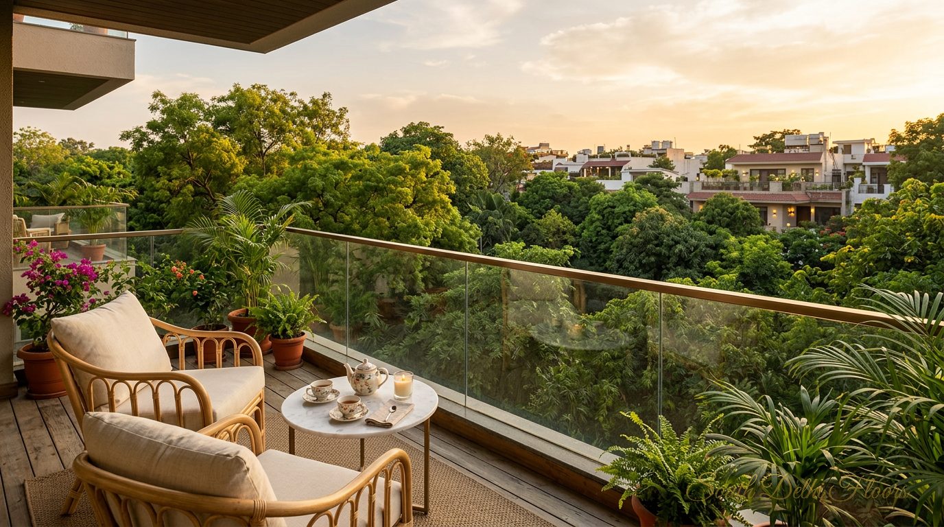 Second-floor balcony of the corner home in Anand Niketan looking over the park's tree canopy at sunset