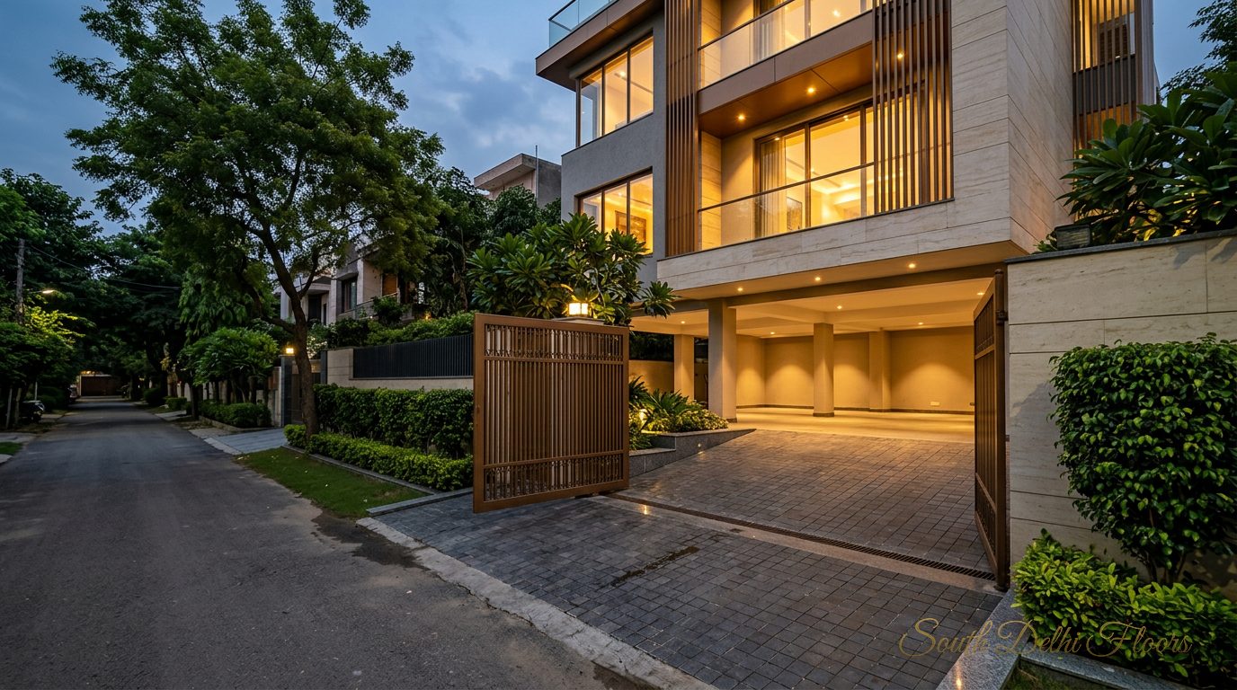 Gated private driveway and covered stilt parking on a quiet C Block lane in Anand Niketan