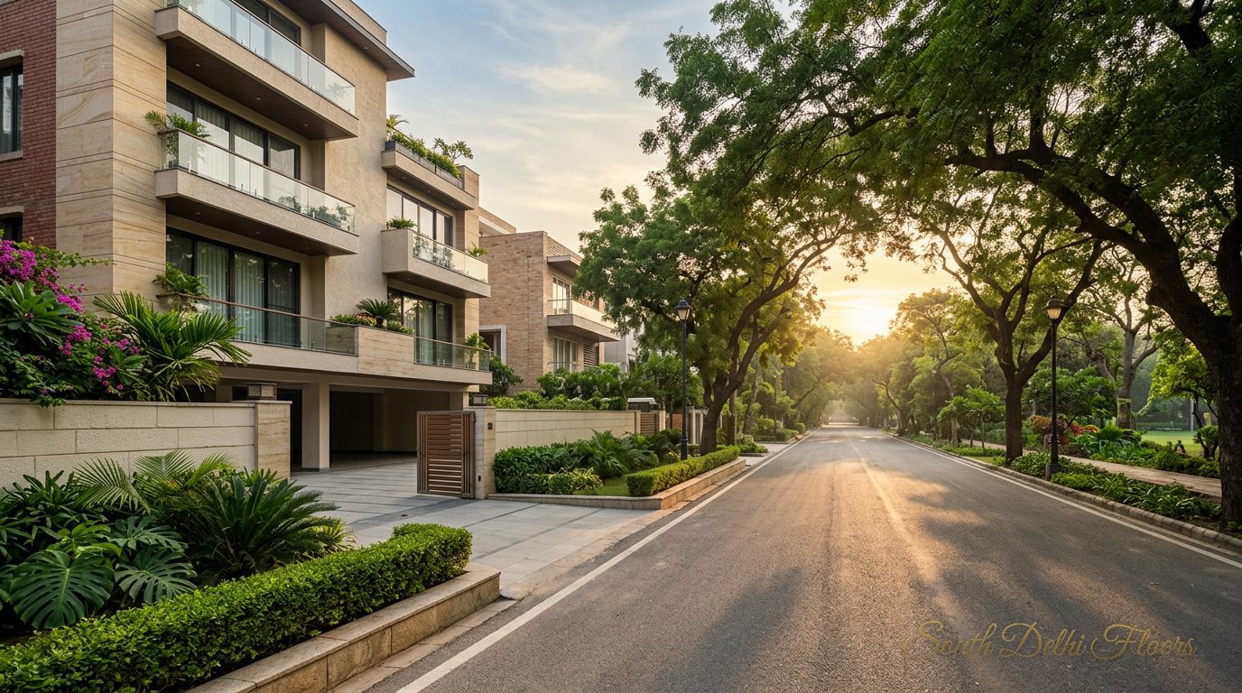 Wide tree-lined C Block road in Anand Niketan with the building's own gated driveway and stilt parking
