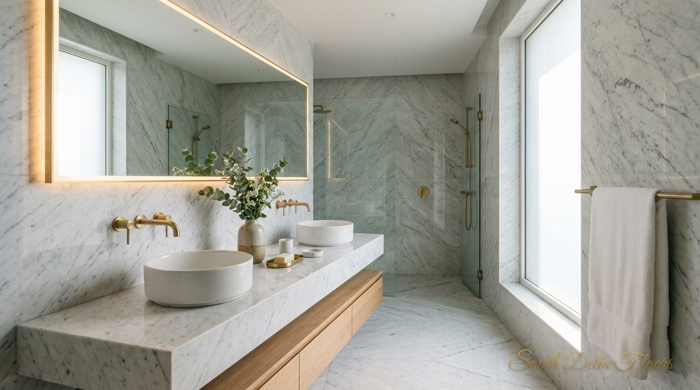 Italian marble master bathroom with a double vanity and brass fittings in the penthouse in Anand Niketan