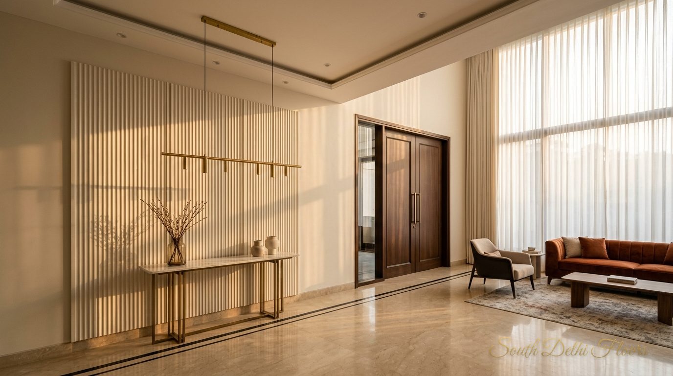 Drawing room with an 11-foot ceiling, fluted panelling and marble floor in the Anand Niketan second floor
