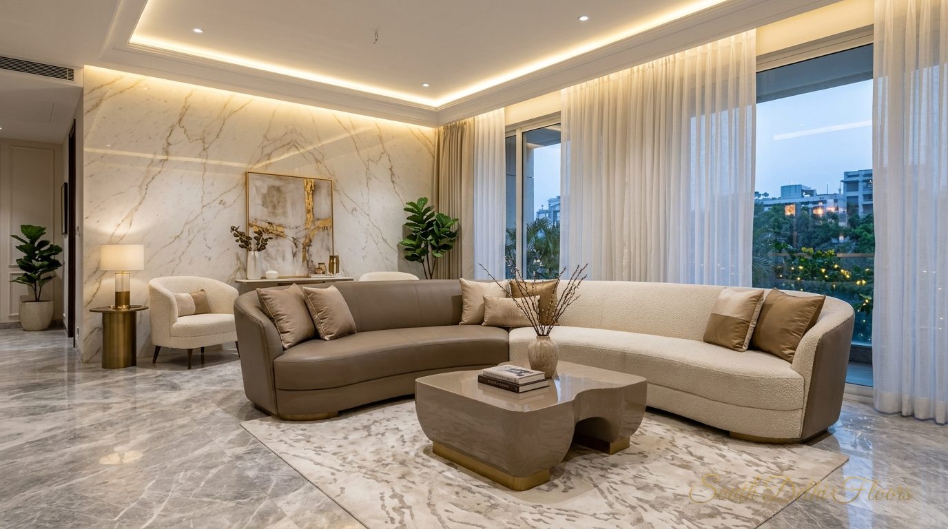 Apartment in Vasant Vihar living room with a bespoke curved sofa, sculpted coffee table and Italian marble floor