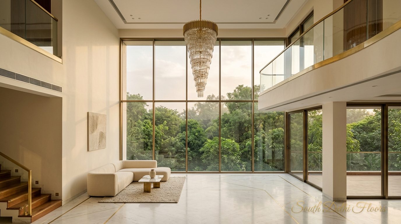 Double-height living room of the biggest penthouse in South Delhi, with two-storey glazing and a cascading chandelier