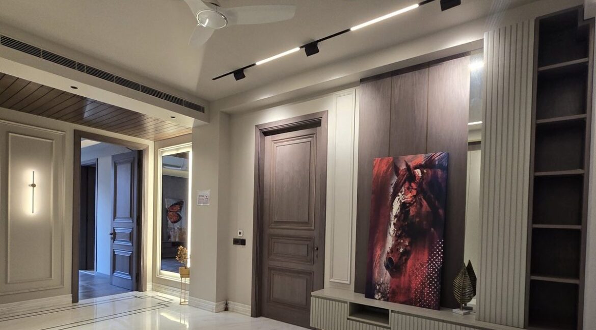 Biggest penthouse in South Delhi – living room with shelving and artwork